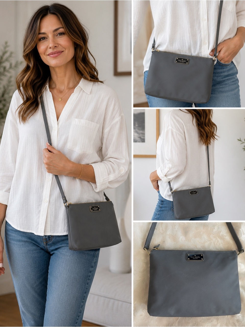 Kate Spade Gray Nylon Crossbody Bag | Jacquard Logo Lining|Lightweight